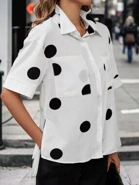 White Polka Dot Button-Up Shirt for Women – Short Sleeve Collared Blouse